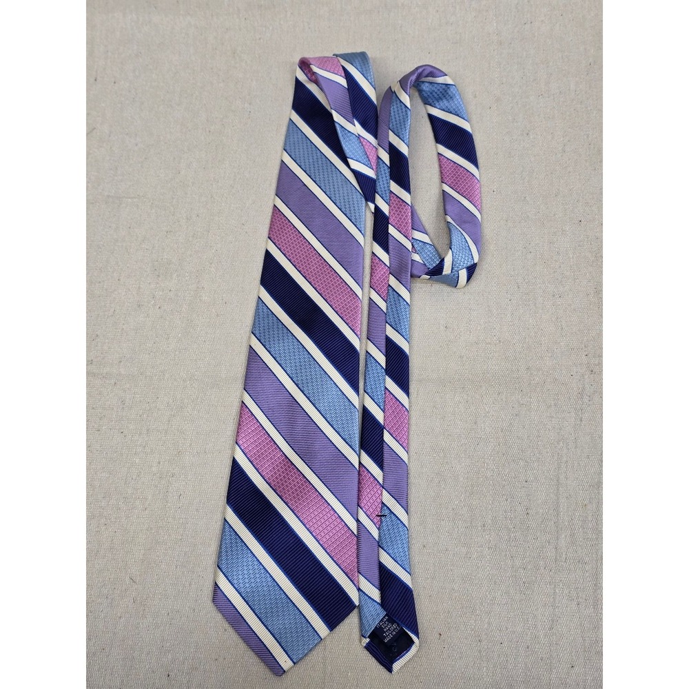 Paul Fredrick Mens Silk Necktie Purple Blue Striped Hand Tailored Made in USA
